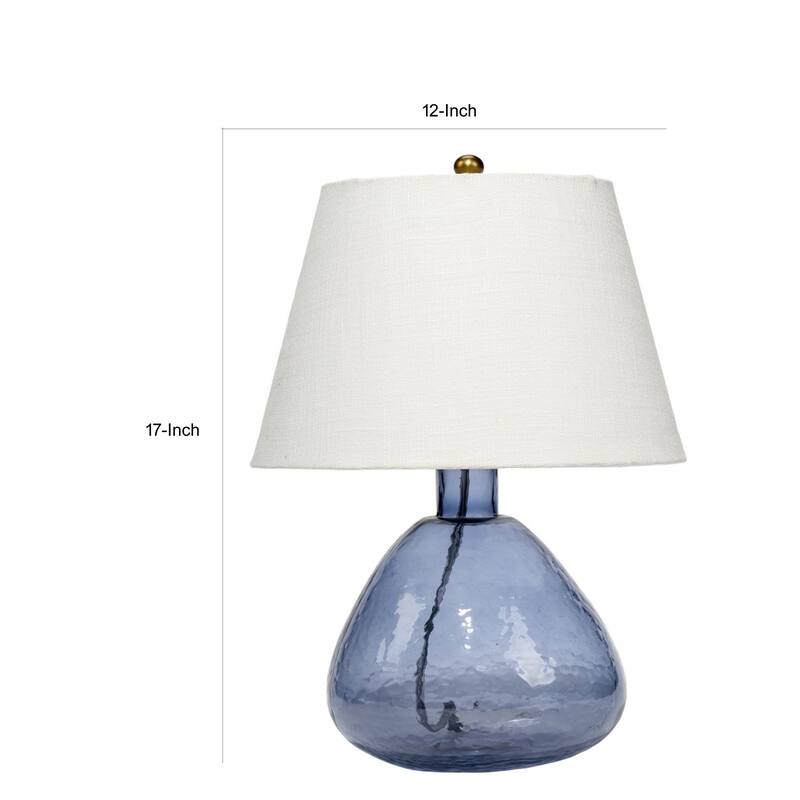 Navi 17 Inch Table Lamp, White Linen Drum Shade, Blue Glass Curved Body