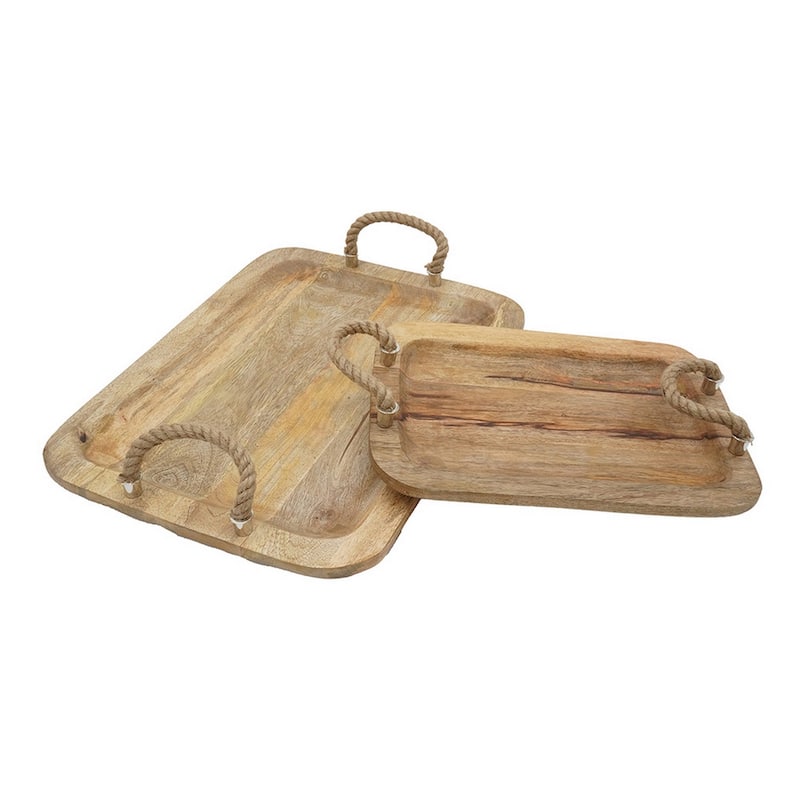 Set of 2 Mango Wood Trays, Twisted Jute Handles, Rustic Brown Texturing - Brown