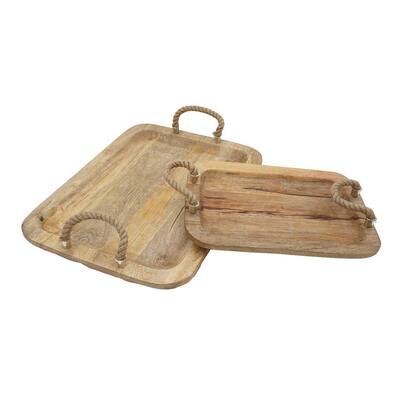 Set of 2 Mango Wood Trays, Twisted Jute Handles, Rustic Brown Texturing