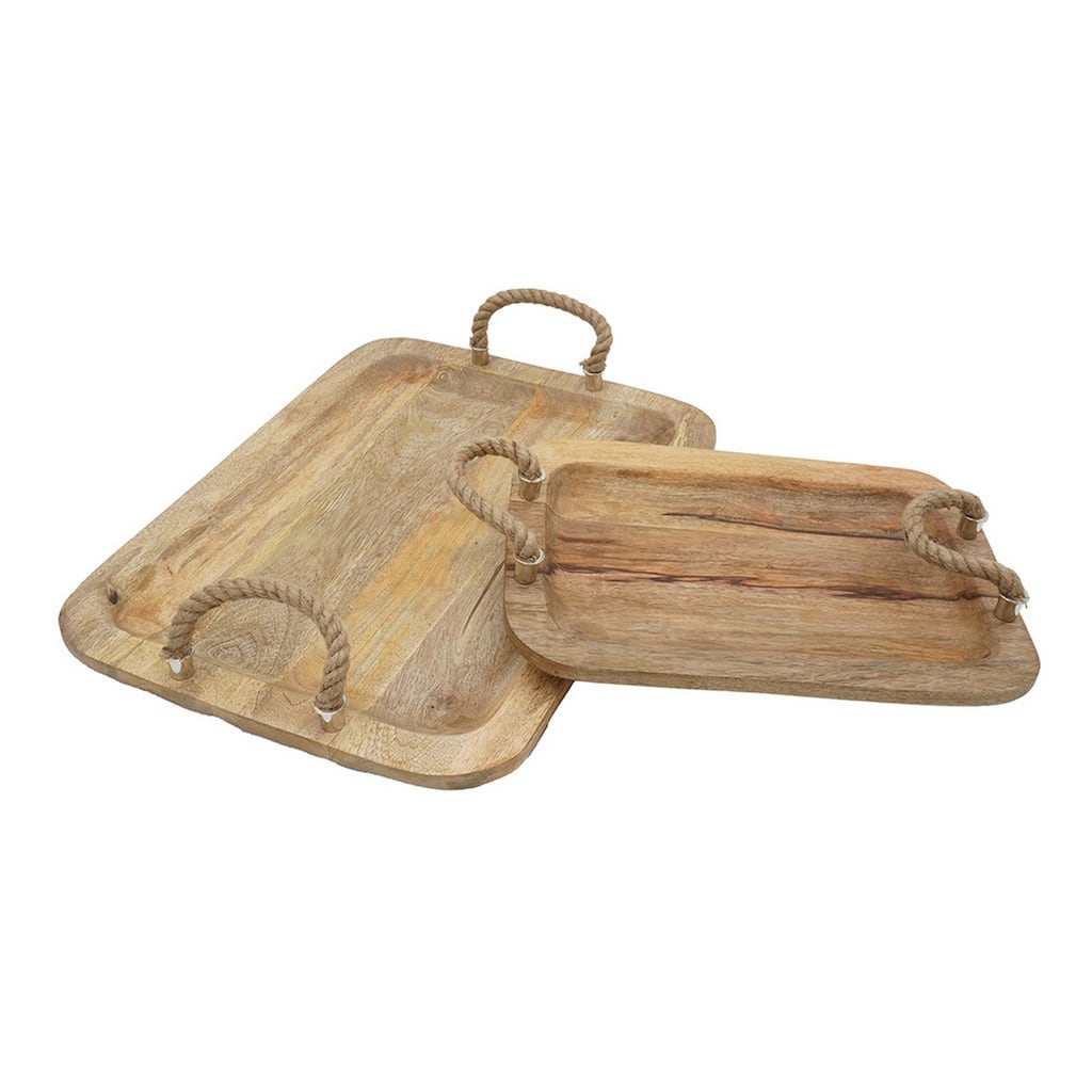 Set of 2 Mango Wood Trays, Twisted Jute Handles, Rustic Brown Texturing