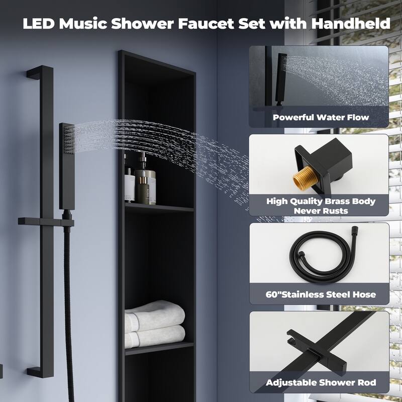Luxury Shower System, 64-Color LED Music Multi-Function Thermostatic Shower Faucet Set with 6 Body Jets & Handheld Shower Head