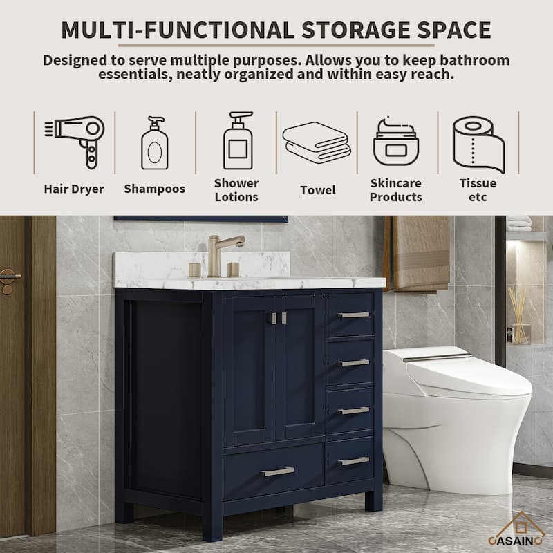 36 in. W x 22 in. D x 35.4 in. H Bath Vanity in Navy Blue with White Top and Basin