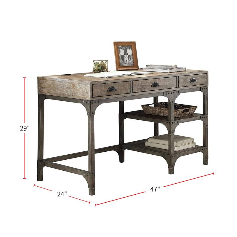 Desk with 3 Drawers in Weathered Oak & Antique Silver