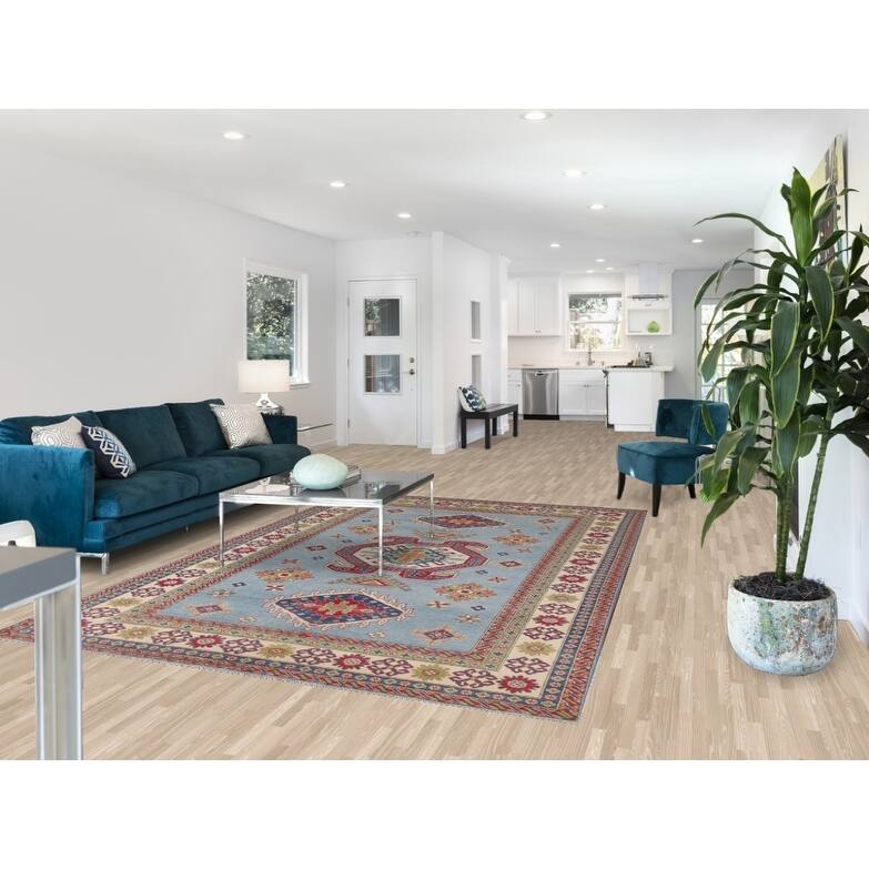 Hand Knotted Oriental 100% Wool Carpet Traditional Geometric Navy Blue & Blues Kazak Area Rug - 9' 8'' X 6' 6''