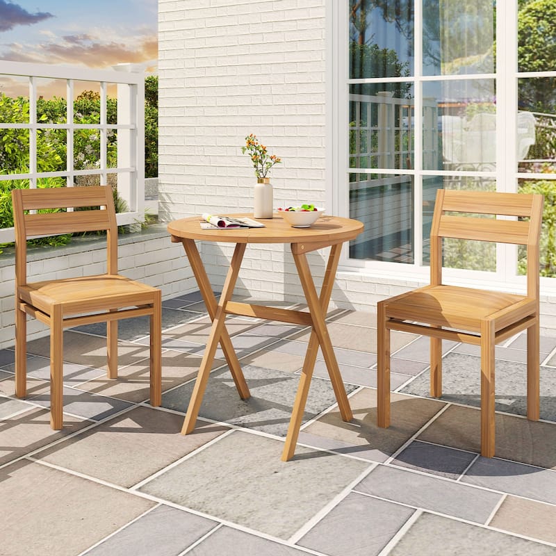 Natural Acacia Wood Folding Side Table with Slatted Top and X Shaped Frame for Patio or Garden - 26"Dia x 27"H