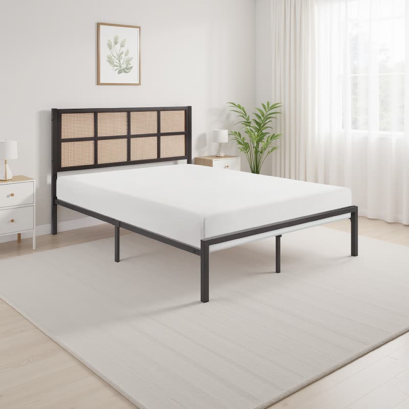 Annie Full Platform Metal Bed, Brown Faux Cane Panel Headboard, Dark Bronze