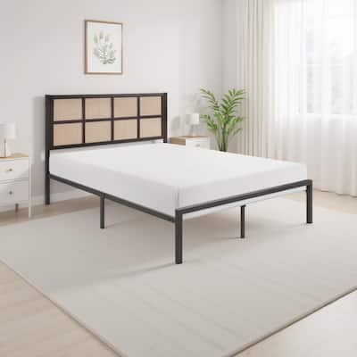 Annie Full Platform Metal Bed, Brown Faux Cane Panel Headboard, Dark Bronze