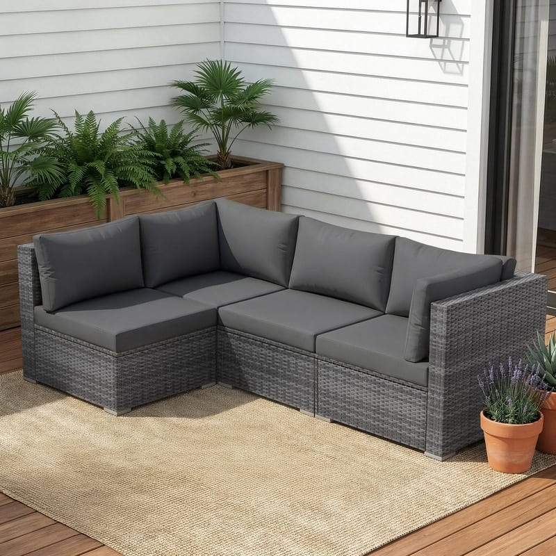 4-Piece Oversized Outdoor Modular Sofa Set, 27.5" Wide Wicker Patio Conversation Set with 4-Inch Thick Cushions