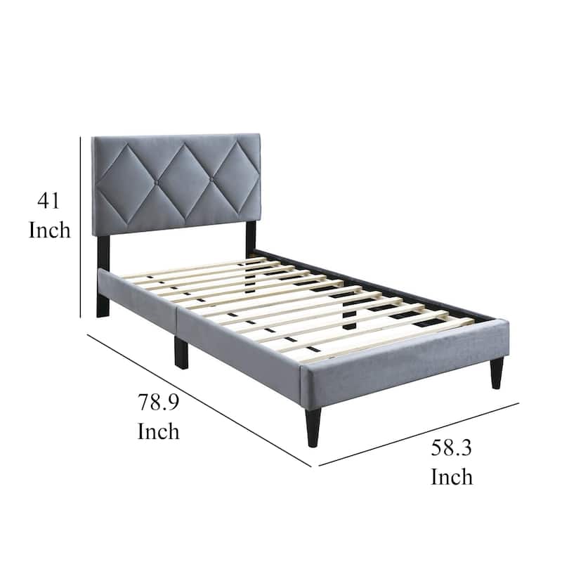 Lilian Full Size Bed, Tufted Gray Velvet Upholstery, Diamond Stitch