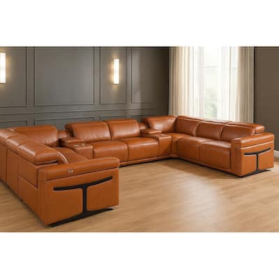 HomeRoots Camel Italian Leather Power Reclining U Shaped Ten Piece Corner Sectional With Console