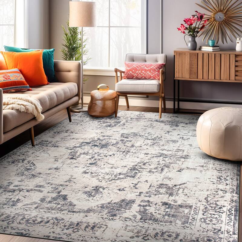 World Rug Gallery Transitional Distressed Medallion Washable Non Slip Area Rug - 8'x10'