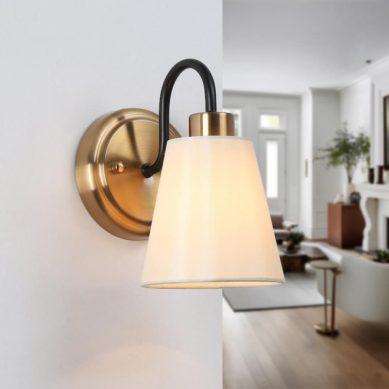 Mid-Century Modern 1-Light Black Gold Wall Sconce Fabric Bathroom Vanity Lights - L 4.9" x W 7.1" x H 8.3"