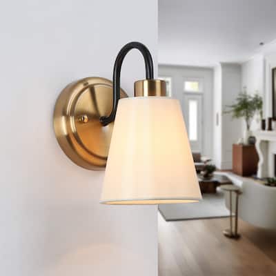 Mid-Century Modern 1-Light Black Gold Wall Sconce Fabric Bathroom Vanity Lights - L 4.9" x W 7.1" x H 8.3"
