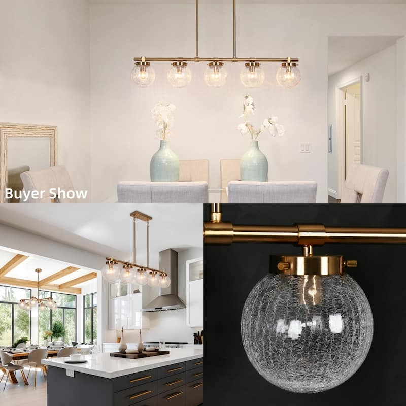 Bola Modern Gold 5-Light Linear Chandelier Globe Glass Kitchen Island Lights - L 38" x W5" x H 7.4"