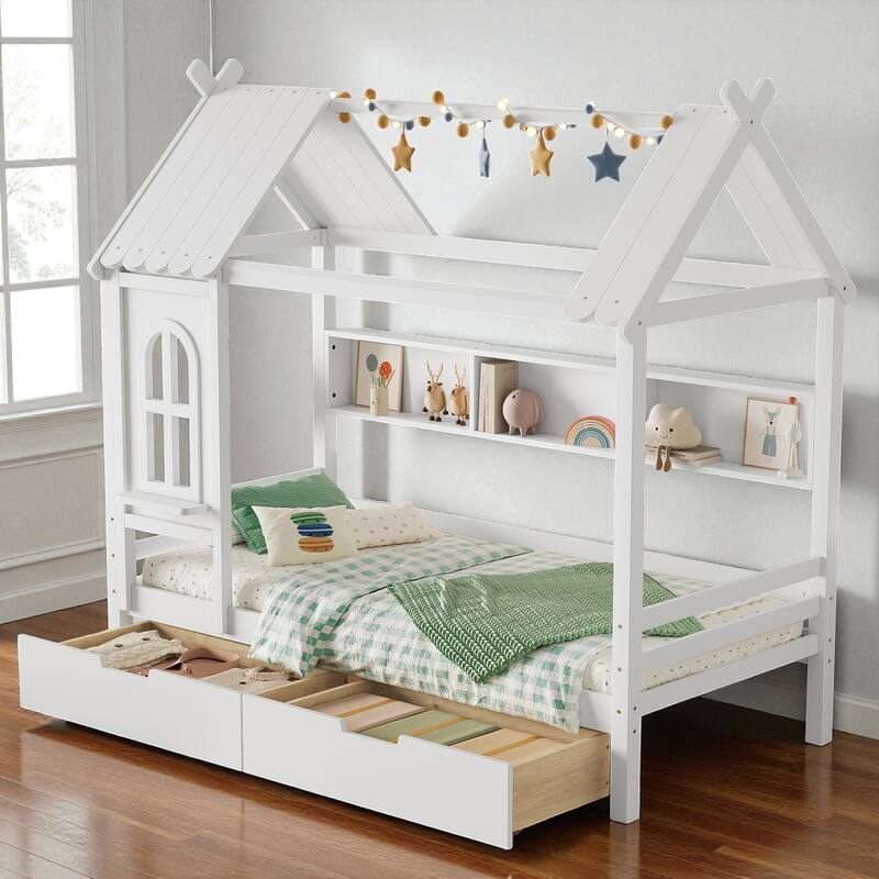 Twin/Full Size Wooden House Bed with Drawers and Shelves, Kids Platform Bed Frame with Window Roof Design