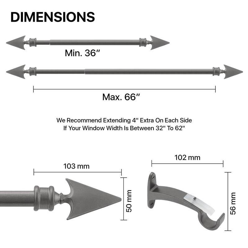 Deco Essential 3/4 Inch Curtain Rod for Windows & Doors Curtains Extendable Grey with Flat Arrow Finials & Brackets Set