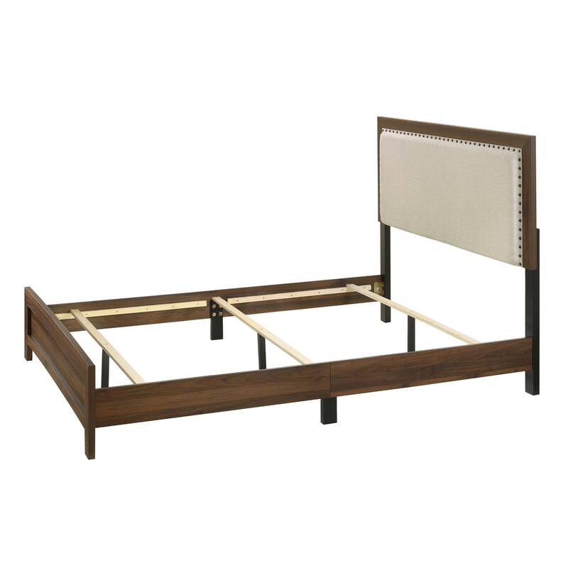 Elegant Brown Cherry Upholstered Headboard Bed with Crystal Inlay and Sturdy Wood Frame, Queen, King, Full, Twin Sizes
