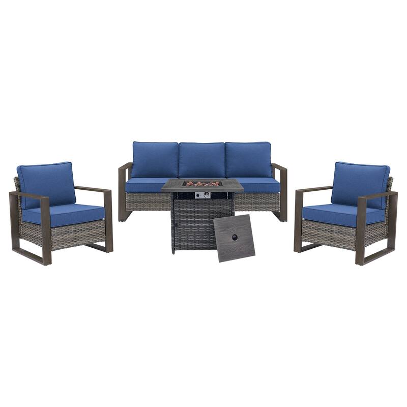 Pocassy Outdoor Fire Pit Conversation Set 3-Seat Sofa Chairs Patio Furniture Set