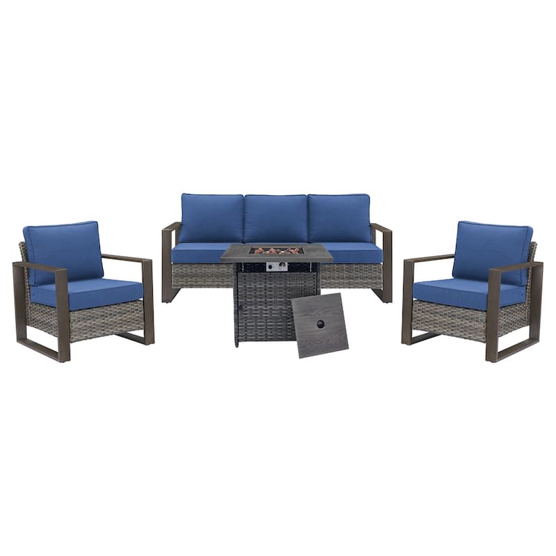 Pocassy Outdoor Fire Pit with 3-Seat Sofa Club Chairs Patio Furniture Set