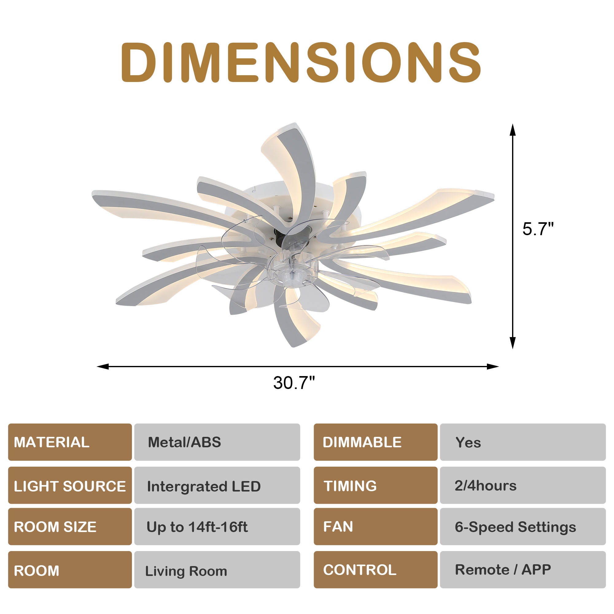 Chichoice 31" Modern Low Profile Flower Ceiling Fan with LED Light, Hidden Blade 6-Speed Flush Mount Fandelier with Remote/App