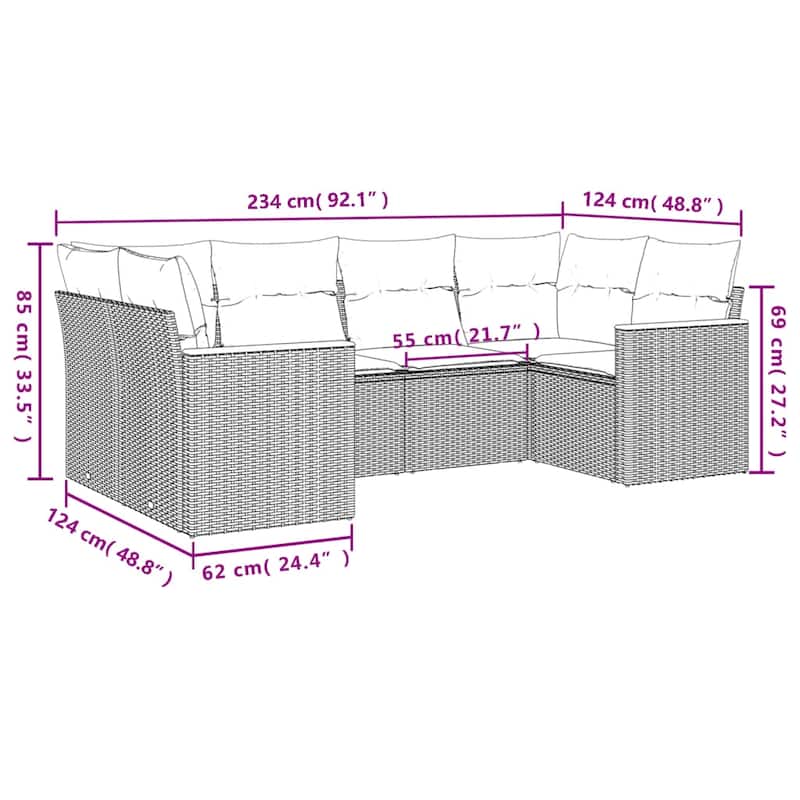 vidaXL 6 Piece Patio Sofa Set with Cushions Black Poly Rattan - 24.4" x 24.4" x 27.2"