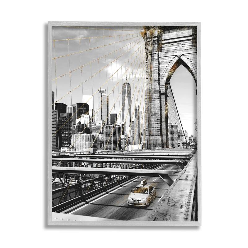 Stupell Brooklyn Bridge Urban City Architecture Taxi Driving Photography Framed Wall Art - Grey - 16 x 20 - Grey