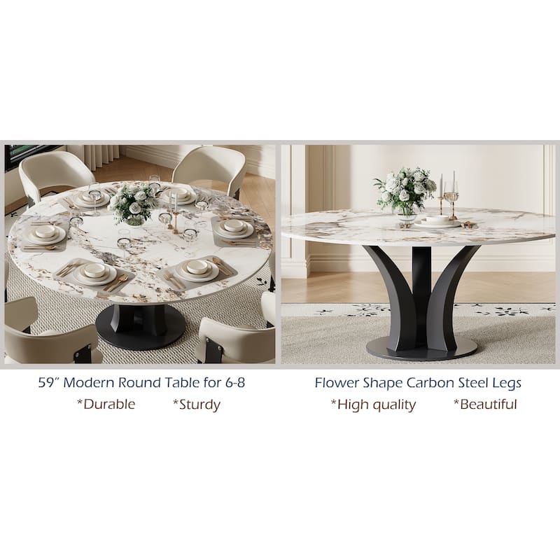 59" Round Sintered Stone Dining Table for 6-8, Glossy Pandora Table top