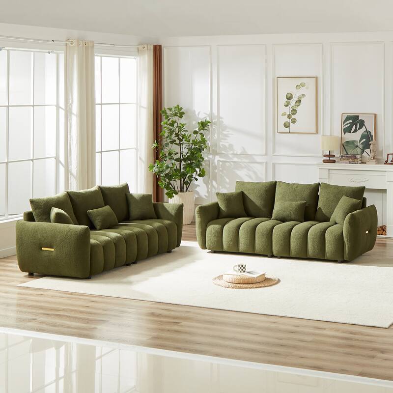 2-Piece 6-Seat Teddy Fabric Sectional Set (3+3) with Wood Frame & 6 Pillows - Green