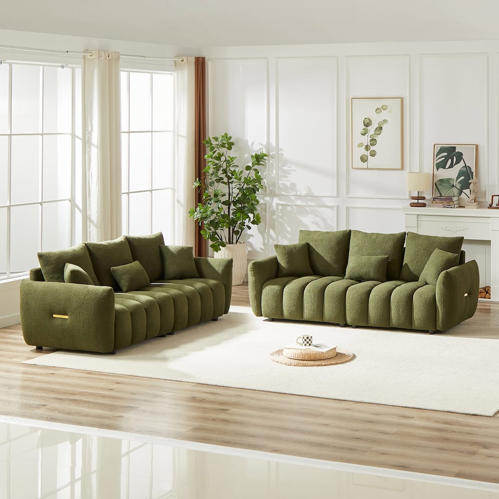 3-Seater + 3-Seater Sofa Set - Modern Teddy Fabric Couch with 6 Cushions for Gatherings