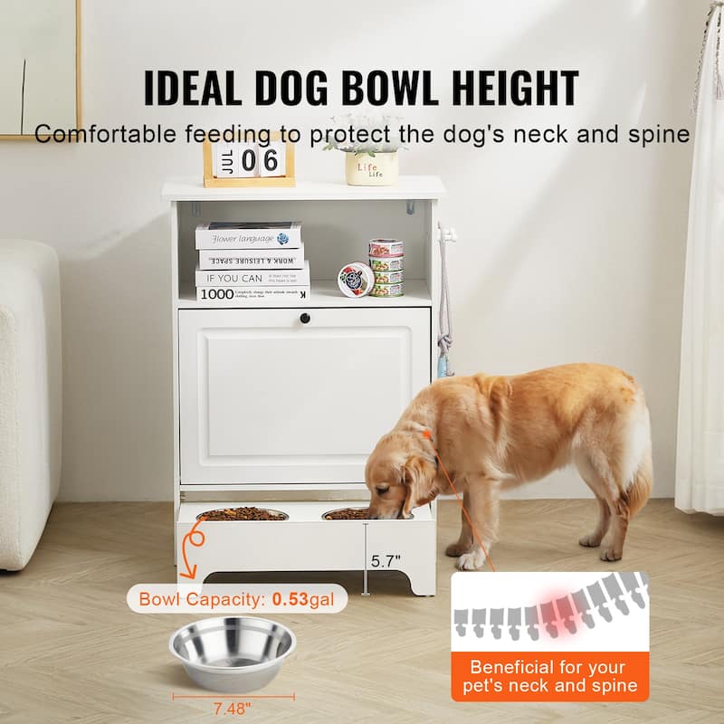 Pet Feeding Station w/ 2 Elevated Dog Bowls Dog Food & Toy Storage Cabinet