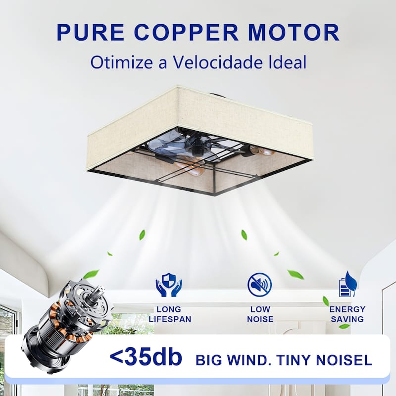 16.6"Square Fabric Flush Mount Ceiling Fan,Reversible Motor,DC Remote Control,7 PCS PC Blades,6 Speed Ceiling Fan,Timing