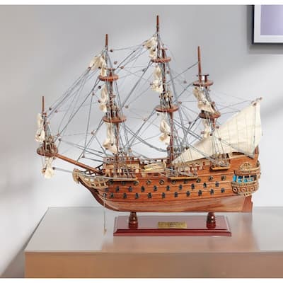 HomeRoots 18" Wood Brown San Felipe 1690 Small Boat Hand Painted Decorative Boat - 19' X '18' X '7