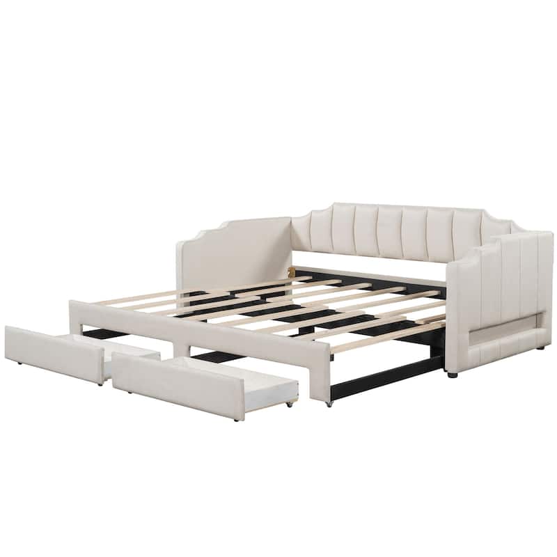Extendable Twin XL to King Upholstered Daybed with Storage Drawers and LED Light, Beige