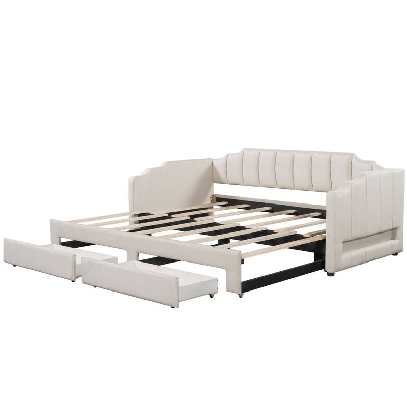Roomfitters Twin XL Upholstered Daybed with LED Lights and 2 Storage Drawers, Extendable Pull-Out Sofa Bed Frame