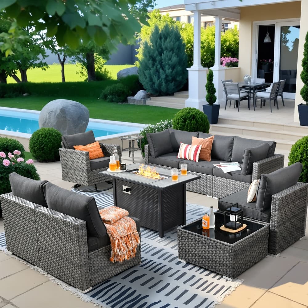 HOOOWOOO 10-piece Wicker Patio Furniture Sectional Sofa Set Swivel Rocker with Fire Pit Table