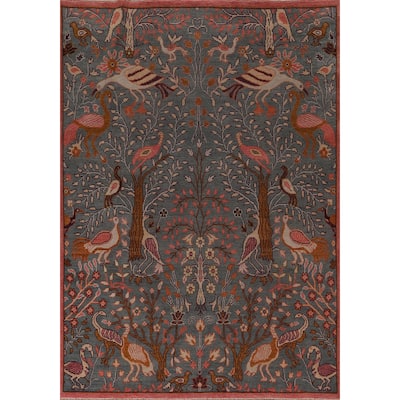 Animals Design Gray Ziegler Indian Area Rug Handmade Wool Carpet - 7'9"x 9'9"