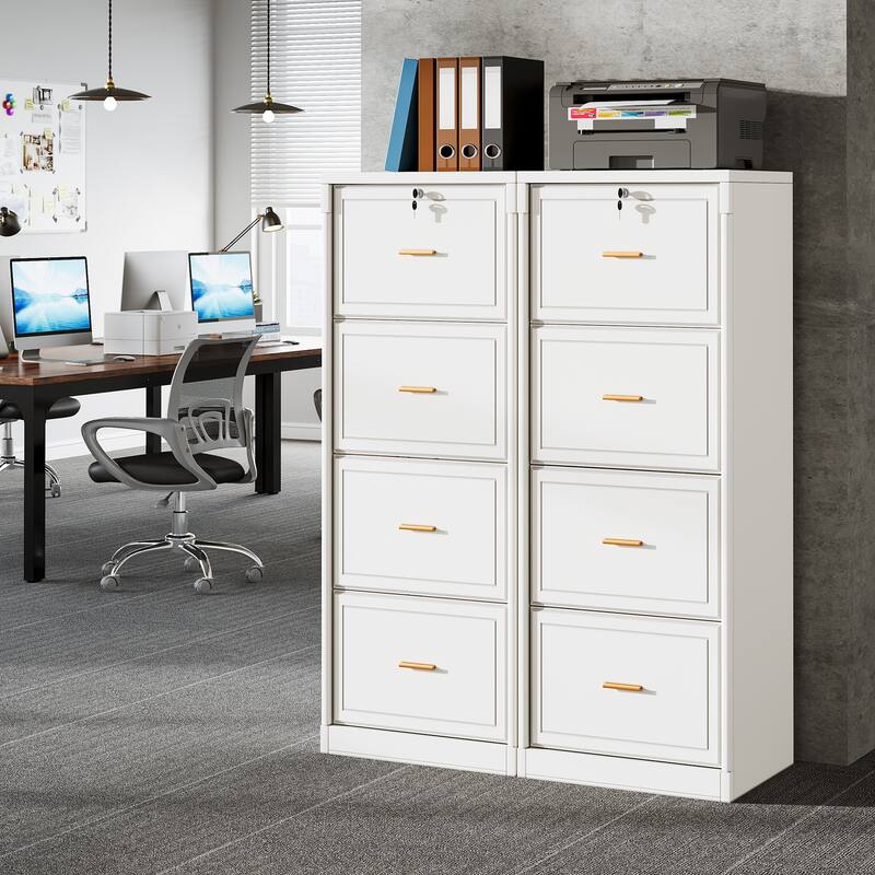 4-Drawer File Cabinet with Lock and Key, Vertical Wooden Filling Cabinet for A4/Letter/Legal Size Files - White(2Pcs)