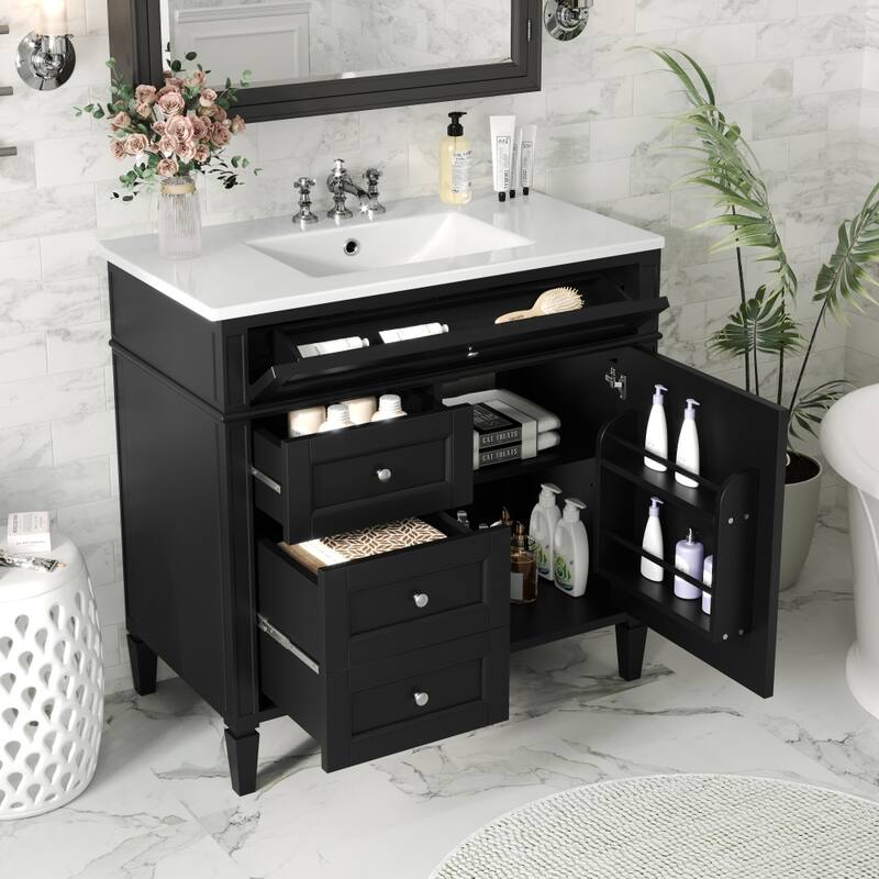 36'' Modern MDF Bathroom Vanity with White Ceramic Top Sink and Tip-out Drawer - Black