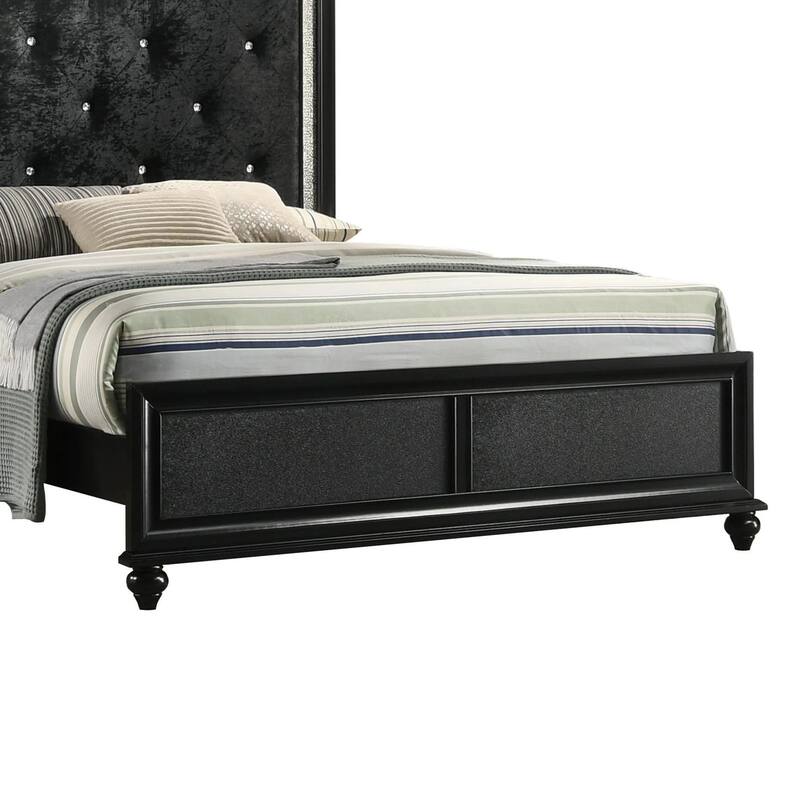 Lexi Queen Size Bed w Crystal Tufted Upholstery, Silver Glitter Trim, Black