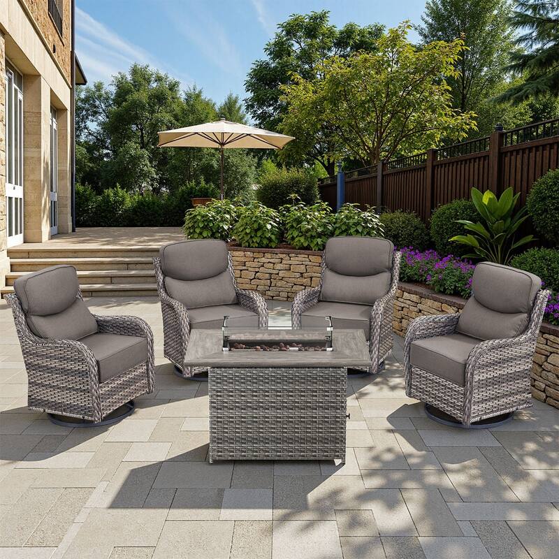 Arcadia 5-Piece Patio Conversation Set with 4 Swivel Glider Chairs and Wicker Fire Pit - Gray Cushions - Gray Wicker
