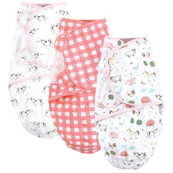 slide 1 of 1, Hudson Baby Infant Girl Quilted Cotton Swaddle Wrap 3pk, Girl Farm Animals, 0-3 Months - 0-3 Months 0-3 Months
