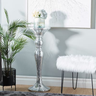 Silver Glass Mosaic Mirrored Turned Floor Pedestal Table