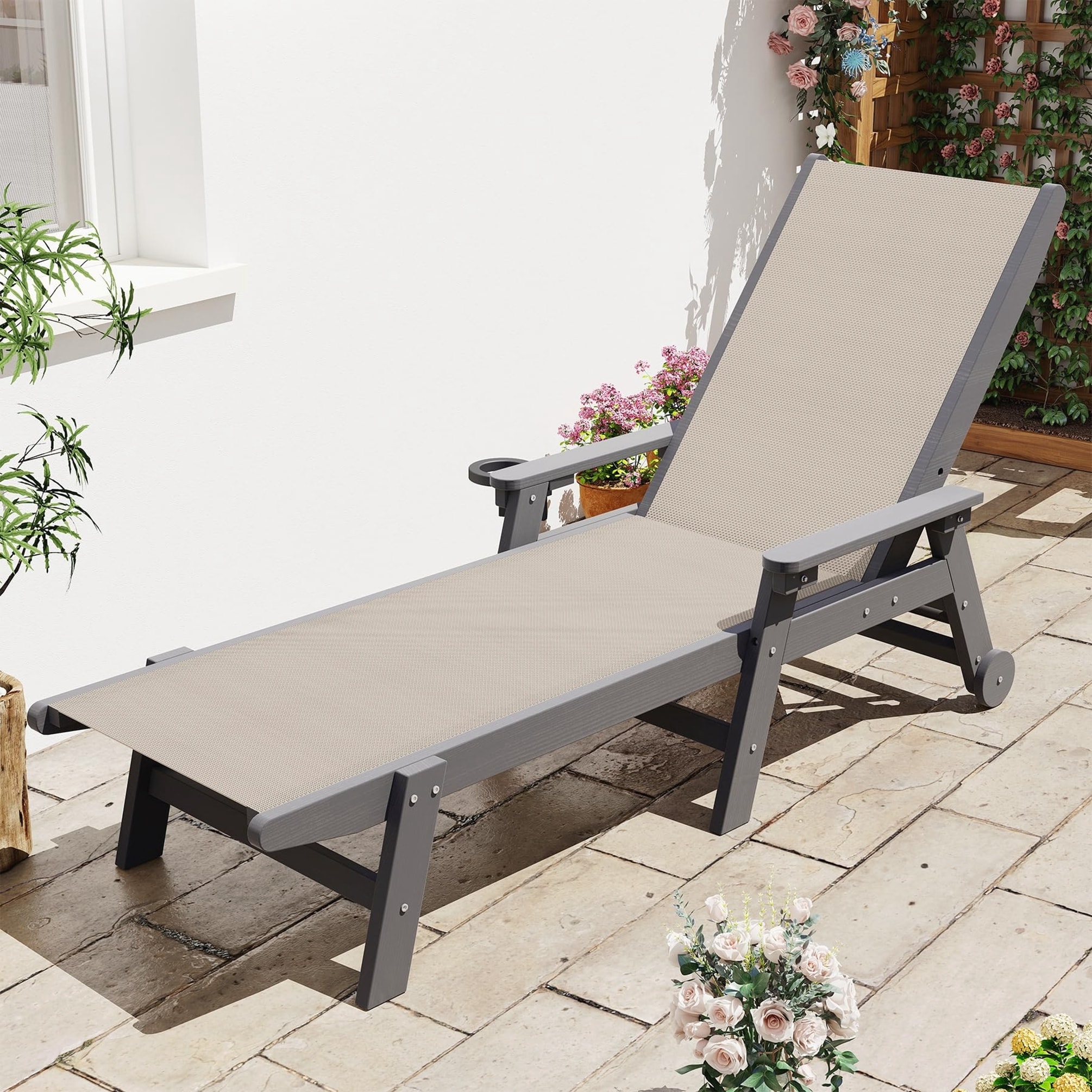 Chaise Lounge Outdoor with Wheels, Patio Lounge Chair Adjustable 5-Position Recliner