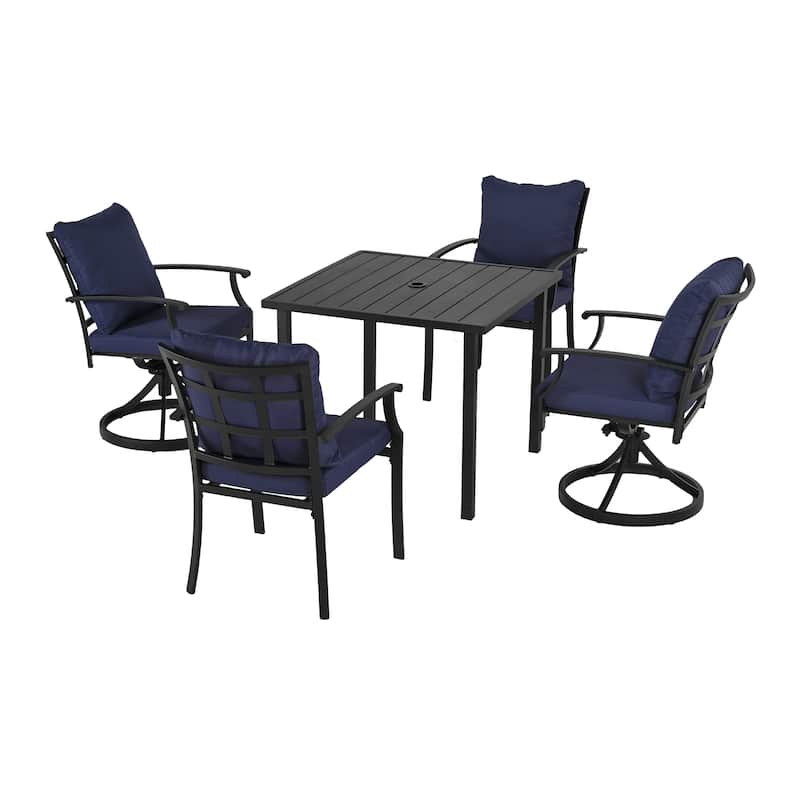 IvyGlow 5-Piece Black Metal Patio Dining Set with Square Table, 2 Swivel Dining Chairs and Gray Cushions