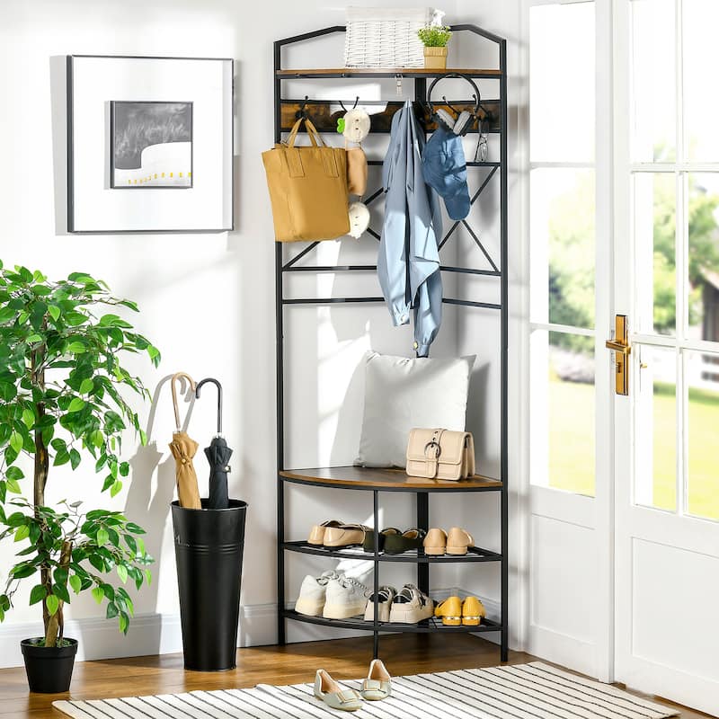 HOMCOM Industrial Corner Hall Tree with Shoe Bench, Entryway Coat Rack, Freestanding Coat Tree with 6 Double Hooks, Rustic Brown - Black