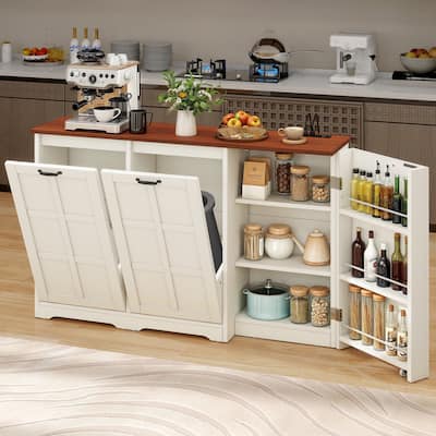 Moasis Kitchen Island with Double Tilt Out Trash Cabinet(13 Gallon) with Adjustable Shelves and Charging Station