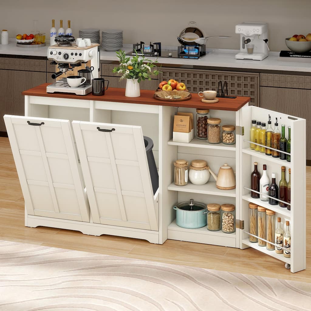 Moasis Kitchen Island with Double Tilt Out Trash Cabinet(13 Gallon) with Adjustable Shelves and Charging Station