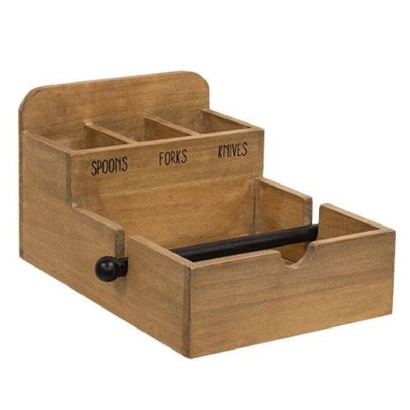 3-Compartment Wood Utensil Caddy with Napkin Storage Rustic Tabletop Organizer for Events - 11”L x 9”W x 6”H