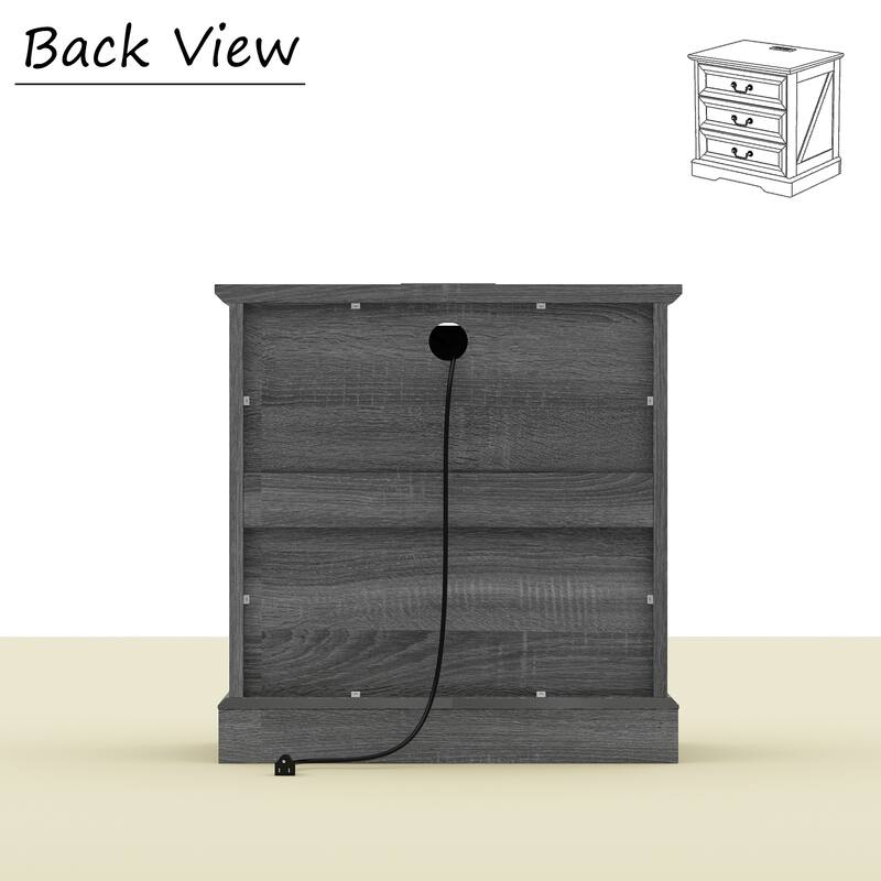 Farmhouse Nightstand with Charging Station, 3 Drawer Bedside Table with 2 AC Outlets & 2 USB Ports, Rustic Wood End Table