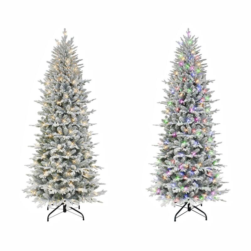 Puleo International 7.5 ft. Pre-lit Slim Flocked Northern Fir Artificial Christmas Tree